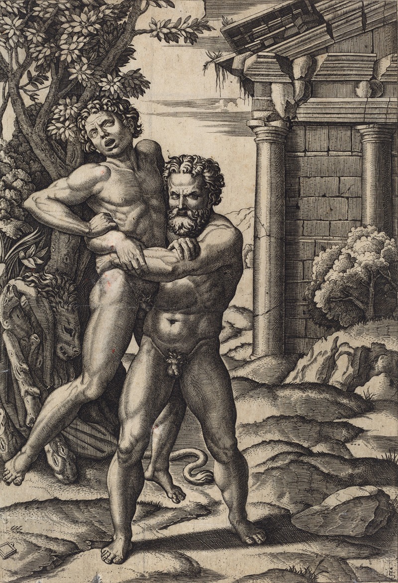 Hercules and Antaeus by Marcantonio Raimondi, 1520 — digital art print download