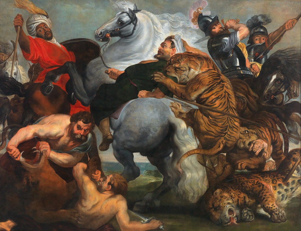 The Tiger, Lion and Leopard hunt by Последователь Питера Паула Рубенса — digital art print download
