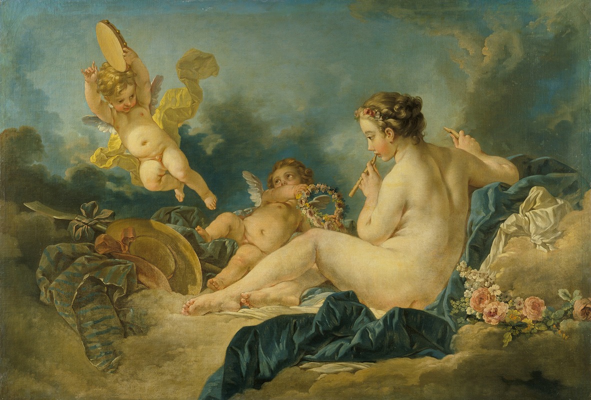 Seated Nymph with Flutes by Последователь Франсуа Буше — digital art print download