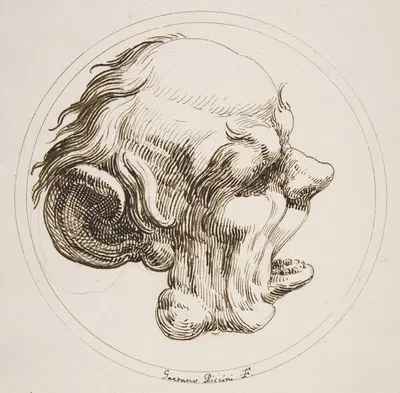 Grotesque Head With a Large Ear and an Open Mouth Looking to the Right Within a Circle by Gaetano Piccini, 1727 — digital…