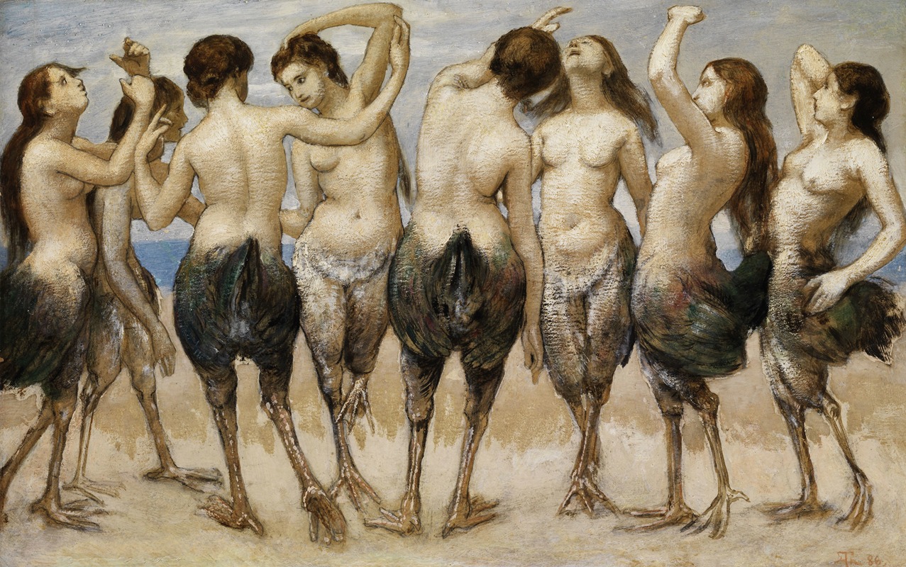 Eight dancing women in bird bodies — Hans Thoma