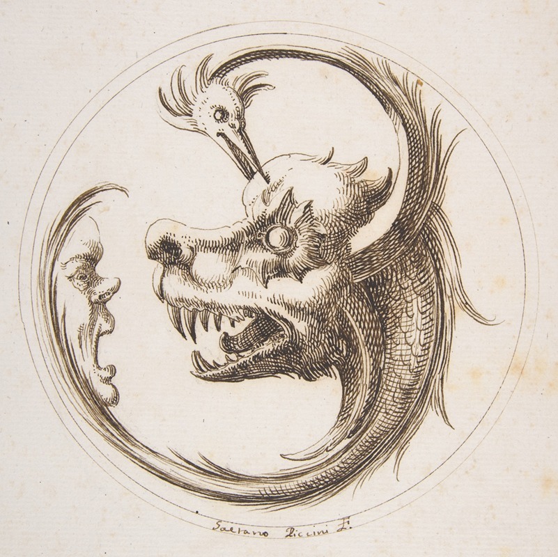 Two Beasts and a Human Mask within a Circle by Gaetano Piccini, 1727 — digital art print download