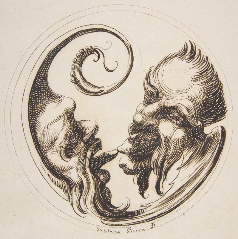 Two Grotesque Heads Facing One Another and Touching Tongues Within a Circle — Gaetano Piccini