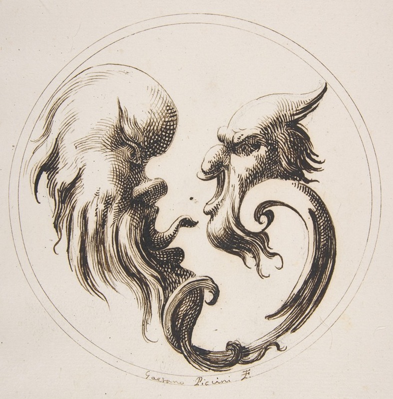 Two Grotesque Heads Facing One Another within a Circle by Gaetano Piccini, 1727 — digital art print download