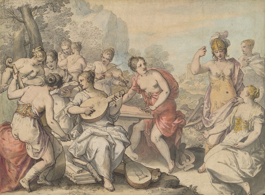 Minerva and the Muses by Hans Rottenhammer, c. 1610 — digital art print download
