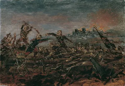 Totentanz auf dem Schlachtfeld vor brennenden Ruinen by Anton Romako, 1882-1885 — digital art print download