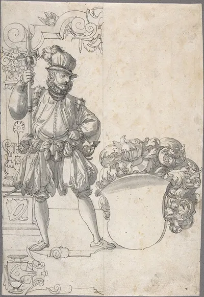 Design for Stained Glass; A Halbardier by an Unfinished Coat of Arms by Hans Jakob Plepp — digital art print download