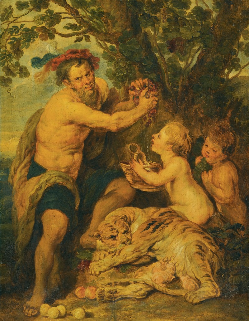 A Drinking Man With Putti And A Tiger by Последователь Питера Паула Рубенса — digital art print download