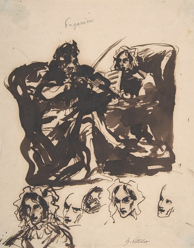 Paganini Playing and Studies of Heads — Henri-Louis-Hippolyte Poterlet