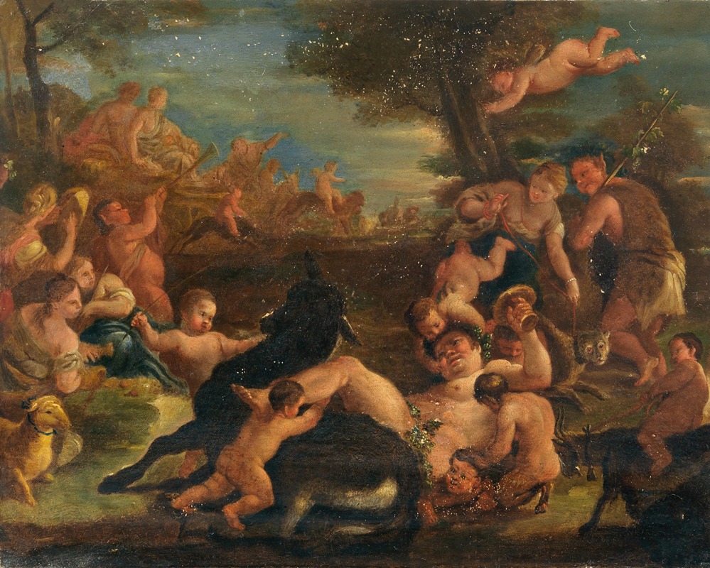 Bacchanal with the drunken Silenus by Workshop of Luca Giordano — digital art print download