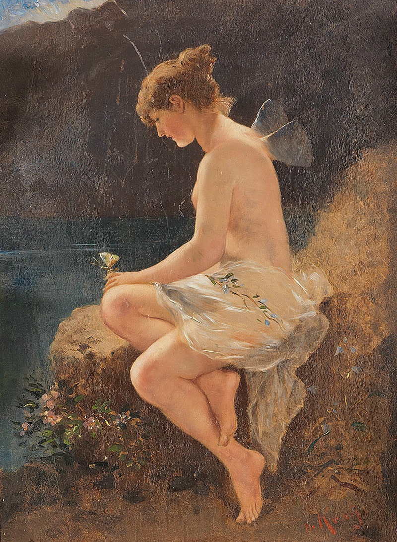 Psyche mit Schmetterling am Seeufer by Вильгельм Край — digital art print download