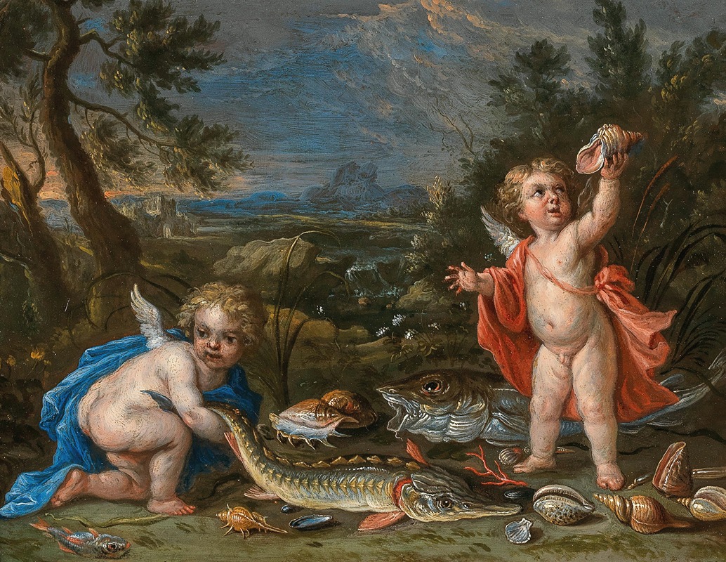 Two putti with fish and seafood by Ян ван Кессель Младший — digital art print download
