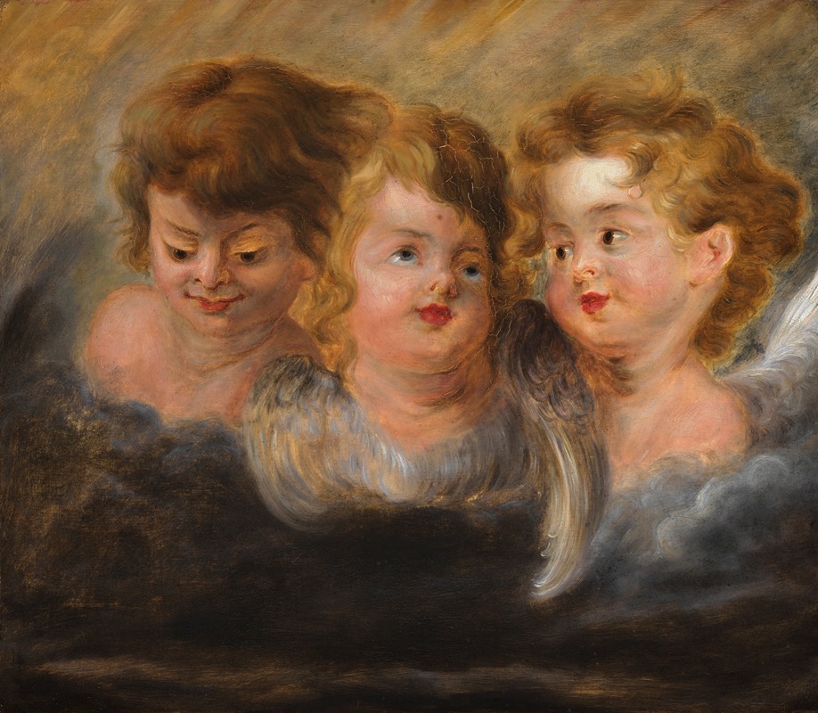 Drie engelenkopjes in wolken by Аноним — digital art print download