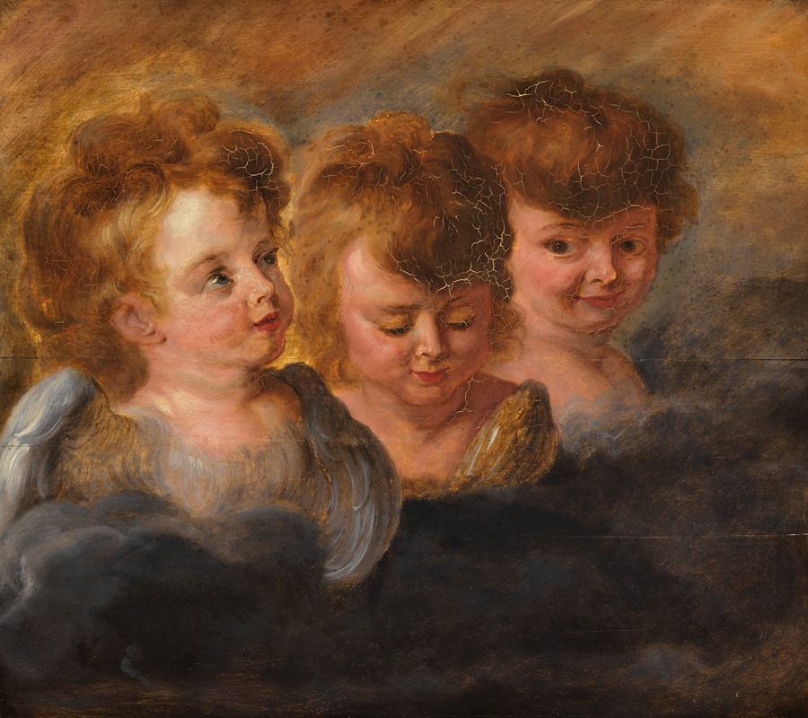 Drie engelenkopjes in wolken by Аноним — digital art print download
