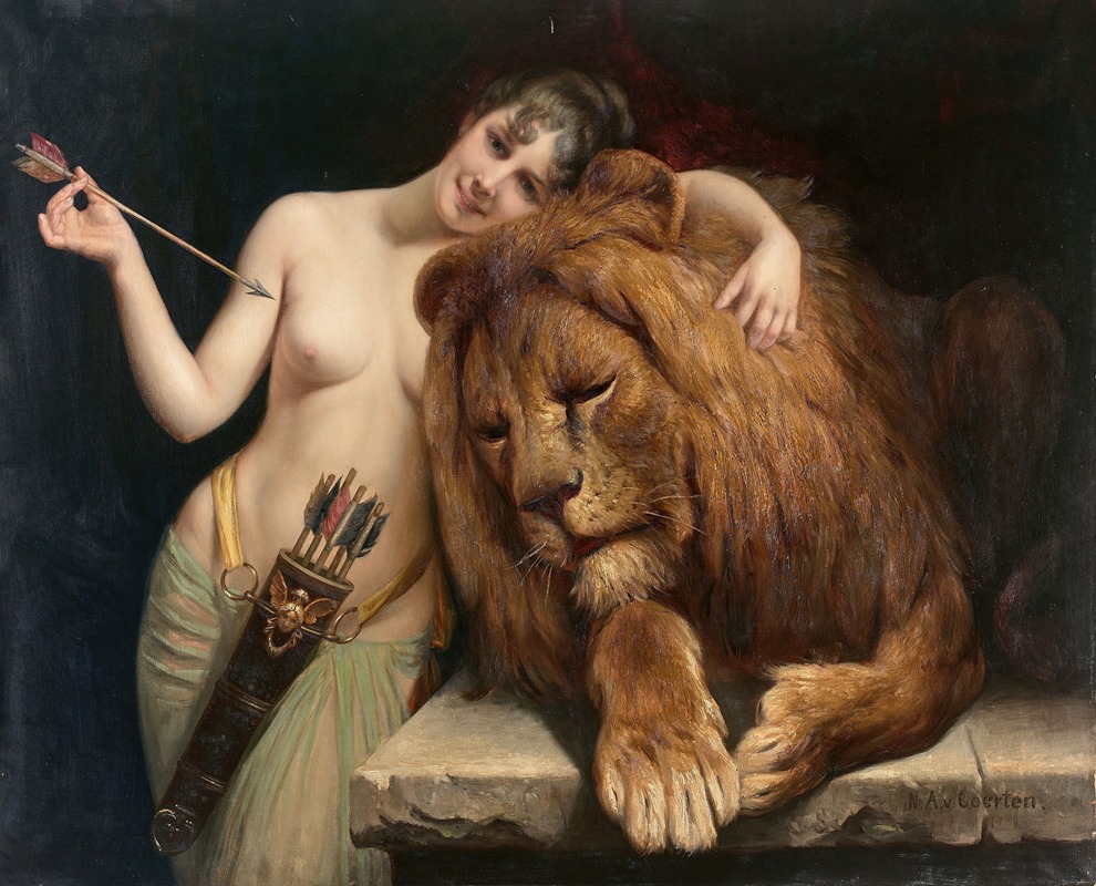 La déesse Diane et un lion by Анджело фон Куртен — digital art print download