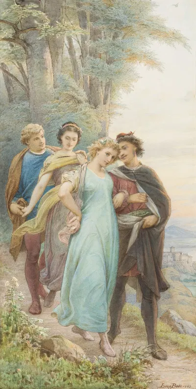 Die wieder vereinten Brautpaare auf dem Weg aus dem Wald, vorn Helena und Demetrius, dahinter Hermia und Lysander by…