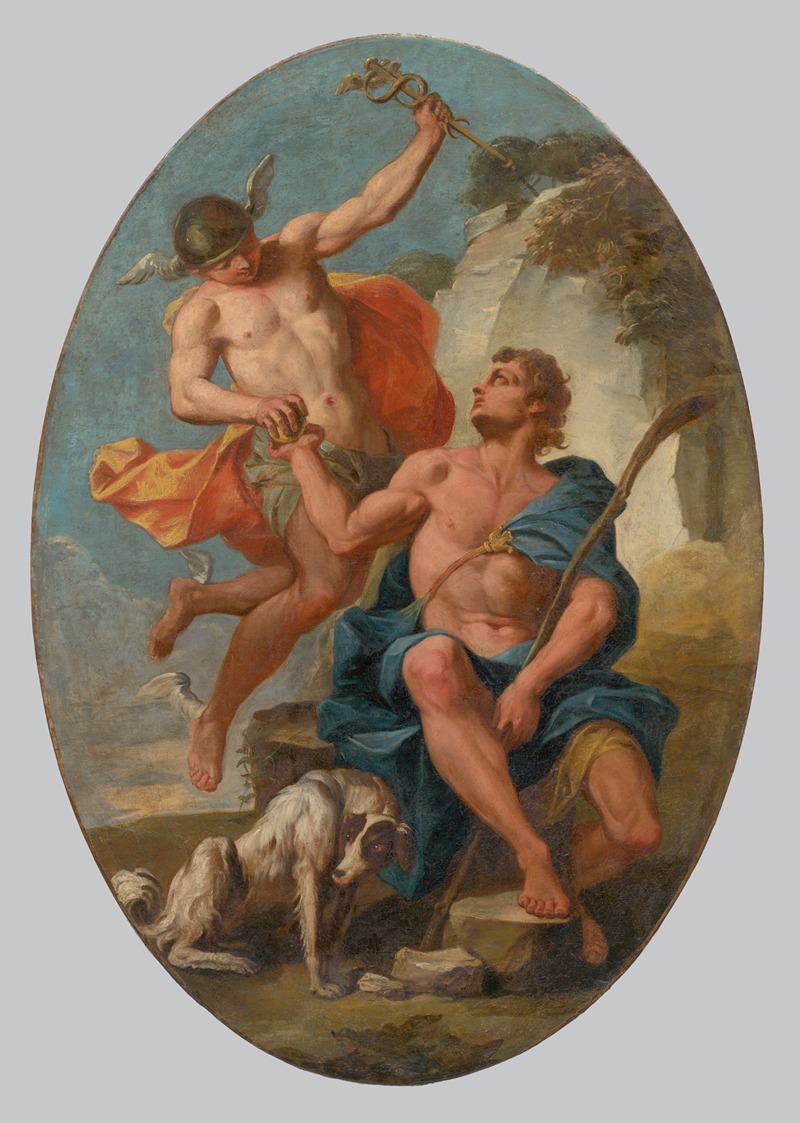 Mercury and Paris by Иоганн Генрих Шёнфельд, 1730 — digital art print download