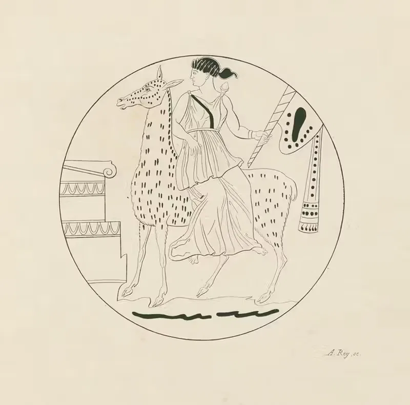 Diana mounted on a hind before a funerary altar — A. Rey