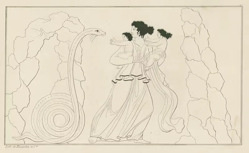 Latona, carrying the infants Apollo and Diana, flees from Python, issuing from a cave — A. Rey