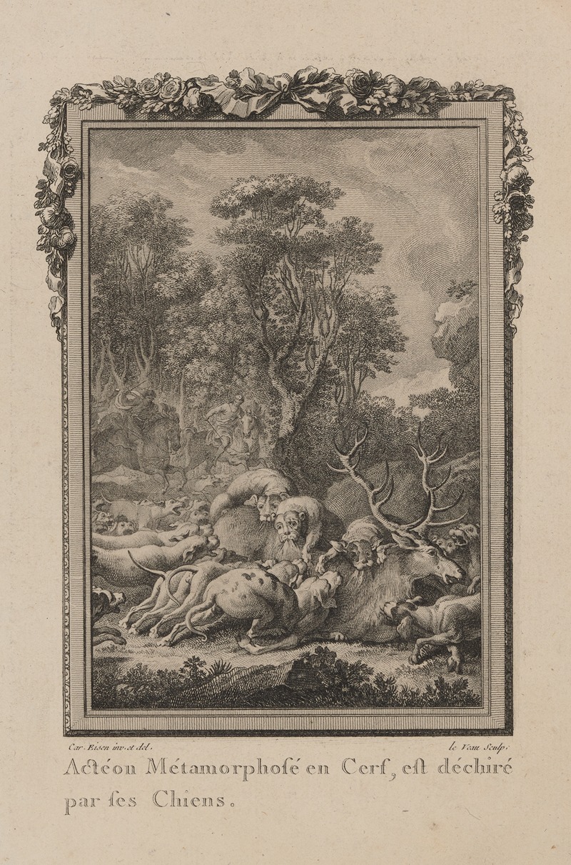 Acteon transforms into a stag, and is devoured by his dogs by Jean Jacques Le Veau, 1769 — digital art print download