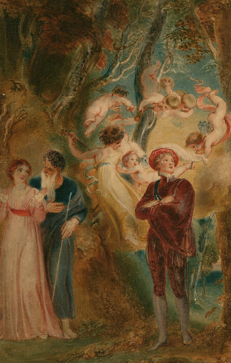 The tempest, Ferdinand, Miranda, Prospero and Ariel — Thomas Stothard