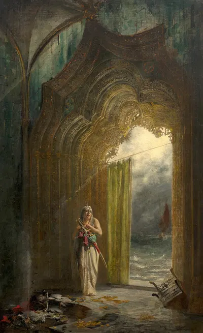 Character with a saber in front of a door by Pinckney Marcius-Simons — digital art print download