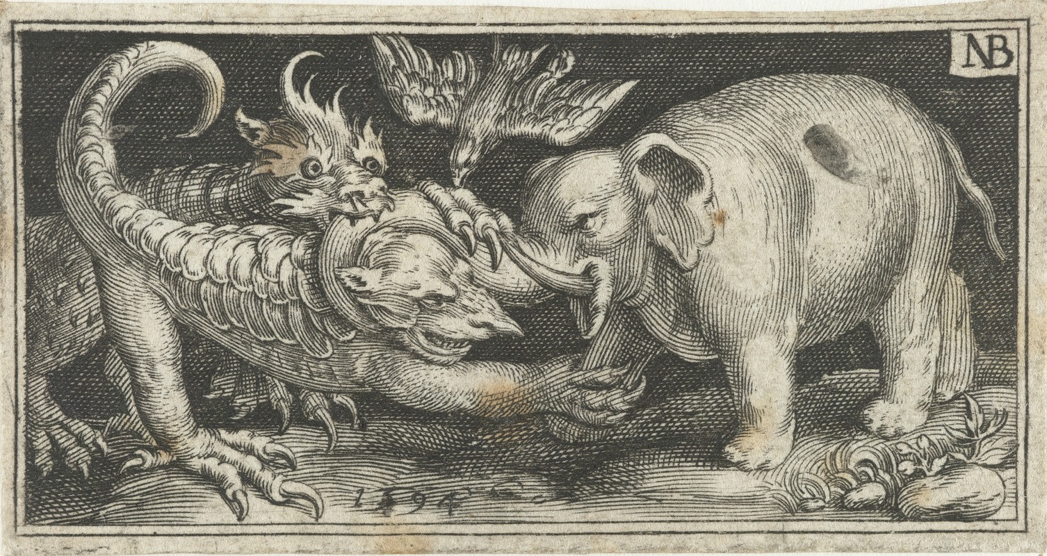 Elephant fighting fantasy creatures by Nicolaes de Bruyn, 1594 — digital art print download