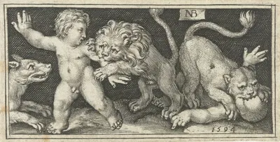 Lion and lioness tear putti apart by Nicolaes de Bruyn, 1594 — digital art print download
