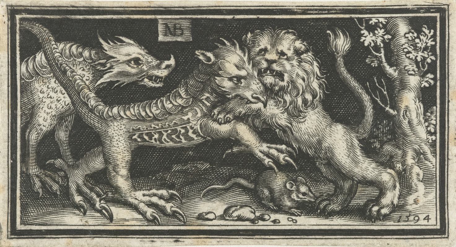 Lion fighting fantasy creatures by Nicolaes de Bruyn, 1594 — digital art print download