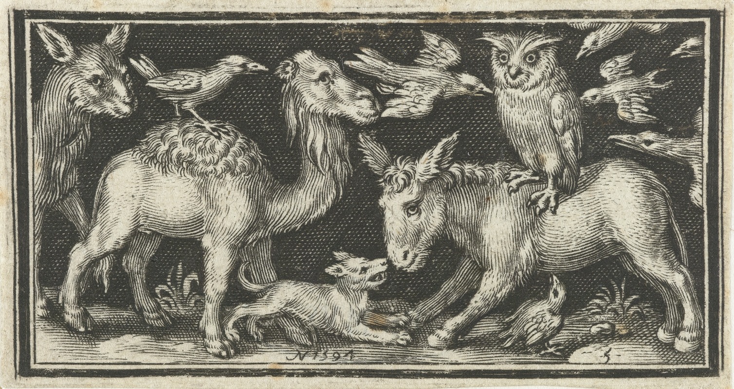 Owl on donkey's back attacked by birds — Nicolaes de Bruyn