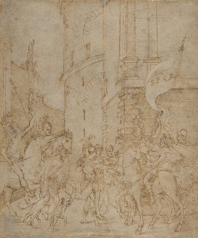 Emperor greeted by a warrior by School of Marcantonio Raimondi — digital art print download