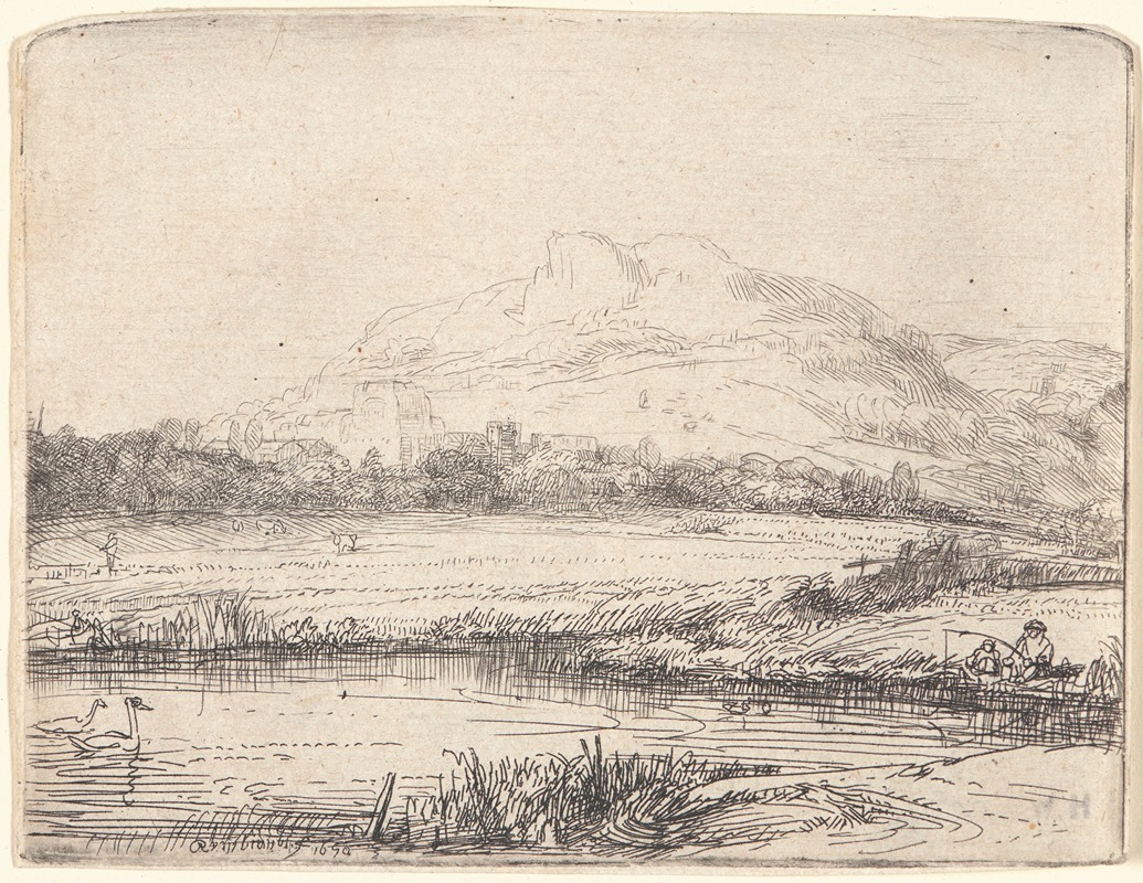Canal with an Angler and Two Swans — Rembrandt van Rijn