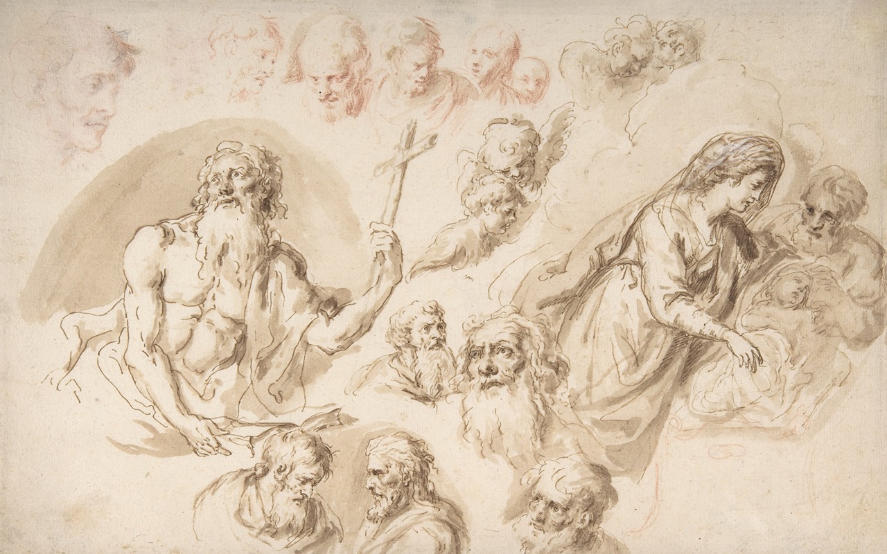 Study for a Nativity, Bearded Male Saint, and Head Studies — Bartholomaeus Ignaz Weiss