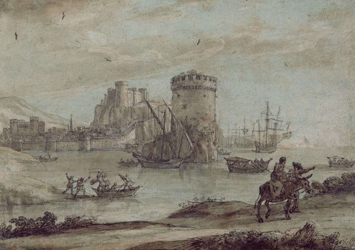 Figures in a Landscape before a Harbor by Клод Лоррен — digital art print download