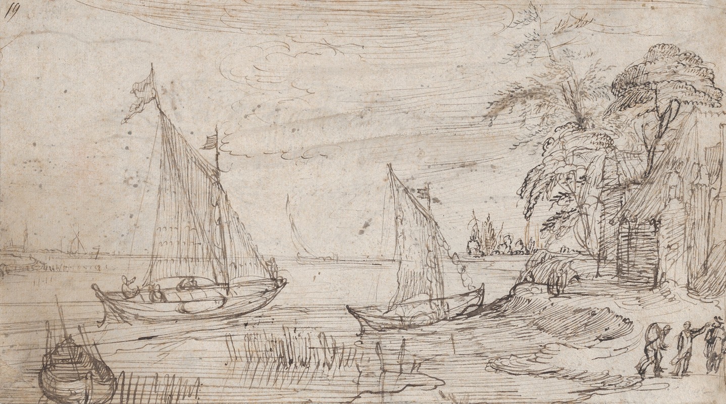 Riverscape with Two Sailboats and Several Figures — Cornelis Claesz. van Wieringen