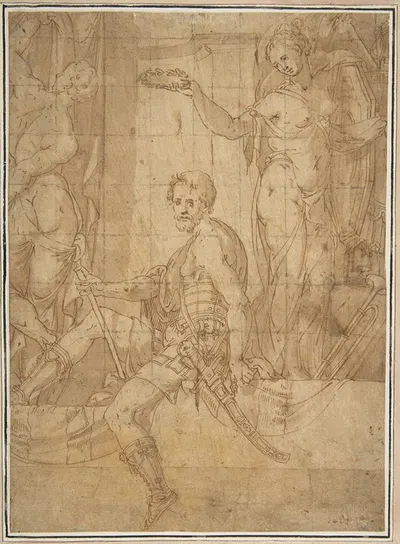 Seated Warrior Between Two Figures by Giovanni Battista Zelotti — digital art print download