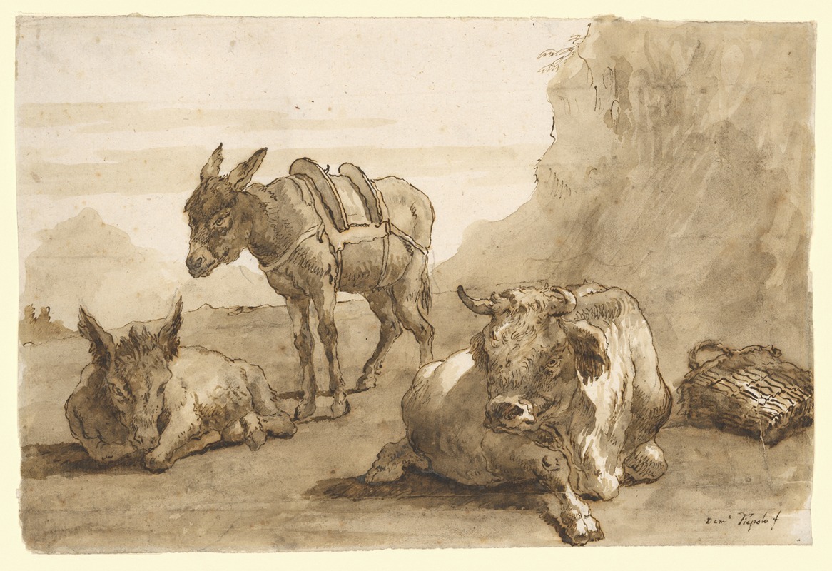 A Bull Lying Down, and Two Donkeys, in a Landscape — Giovanni Domenico Tiepolo