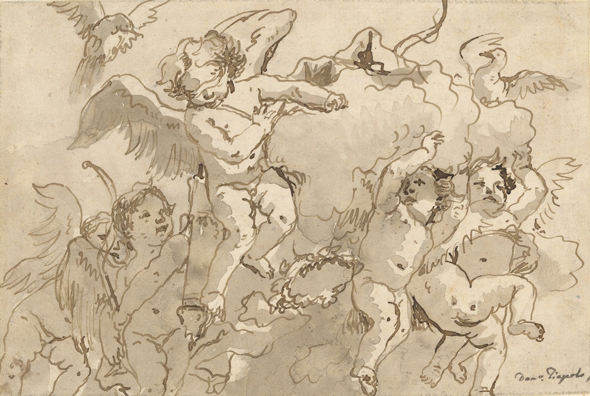 Cupid Blindfolded in the Clouds, with Five Attendant Putti by Джованни Доменико Тьеполо — digital art print download