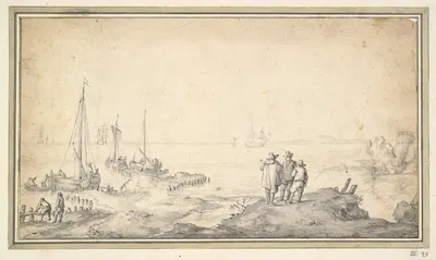 Three Figures on a Dune Overlooking Bay with Ships by Ян ван Гойен — digital art print download