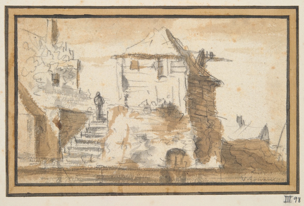 Two Buildings with a Stairway by Ян ван Гойен — digital art print download
