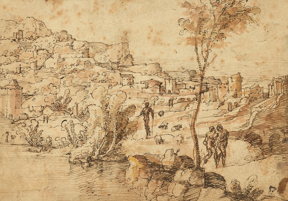 Landscape with Shepherds by a River and a Town Beyond by Ян ван Скорел, 1525–1530 — digital art print download