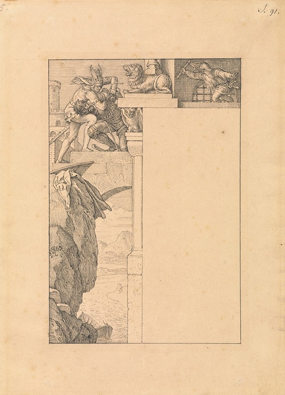 Siegfried Battles with the Gatekeeper as Alberich Approaches — Julius Schnorr von Carolsfeld