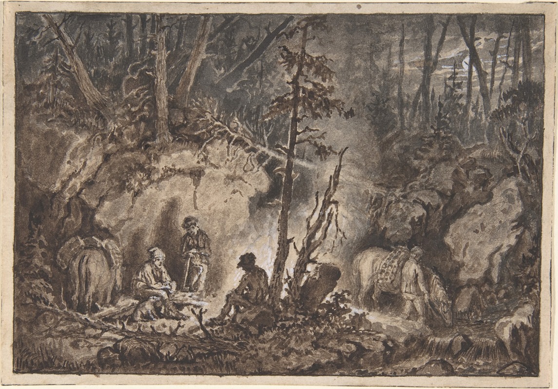 Hunters resting in a forest at night by Килиан Цолль — digital art print download