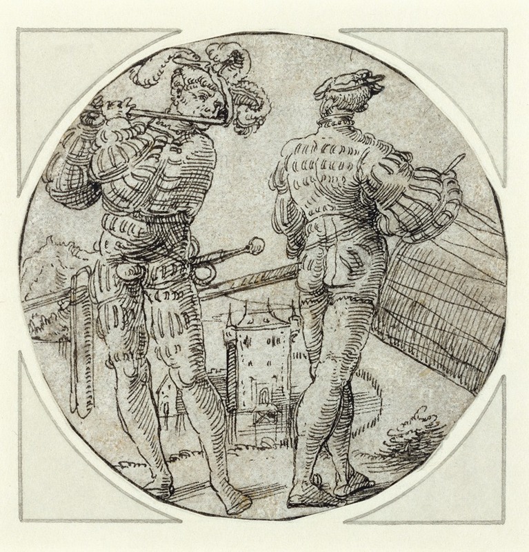 A Flutist and Drummer Before a Moated Castle by Master of the Berlin Roundels, 1515 — digital art print download
