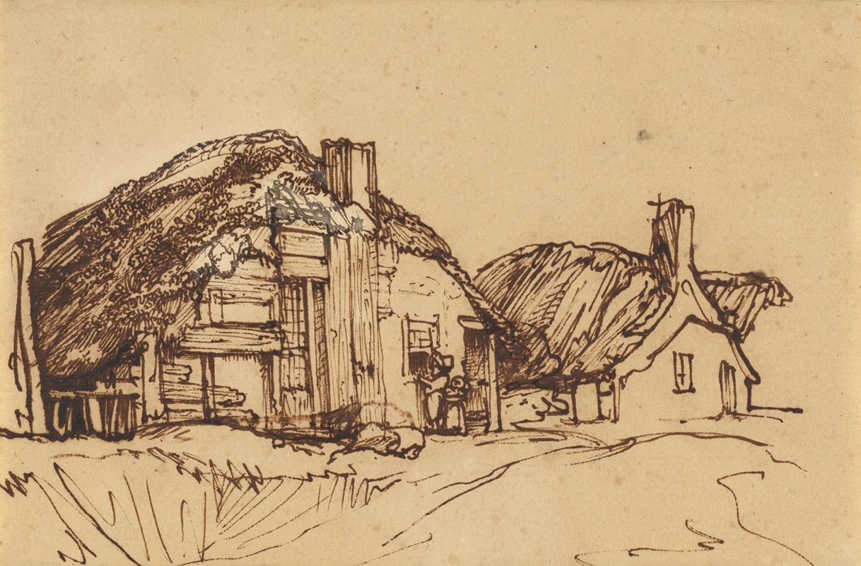 Two Thatched Cottages with Figures at a Window by Рембрандт ван Рейн, 1640 — digital art print download