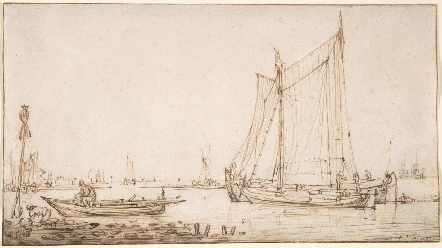 River Scene with Boats by Симон де Влигер — digital art print download