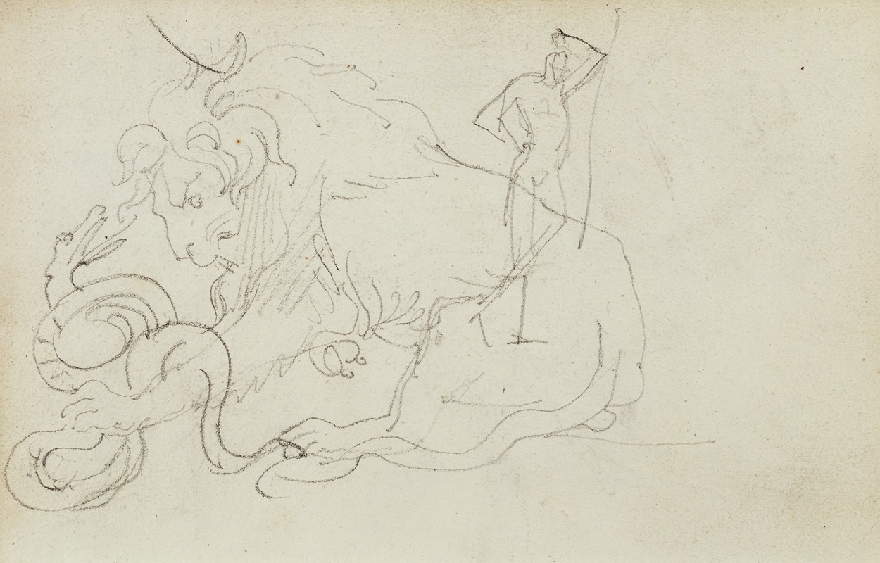 Lion attacking a snake over nude figure study by Théodore Géricault, 1812–1814 — digital art print download