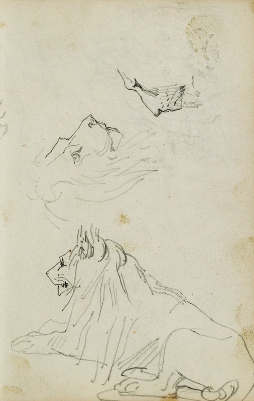 Seated lion, two lion head studies by Теодор Жерико, 1812 - 1814 — digital art print download