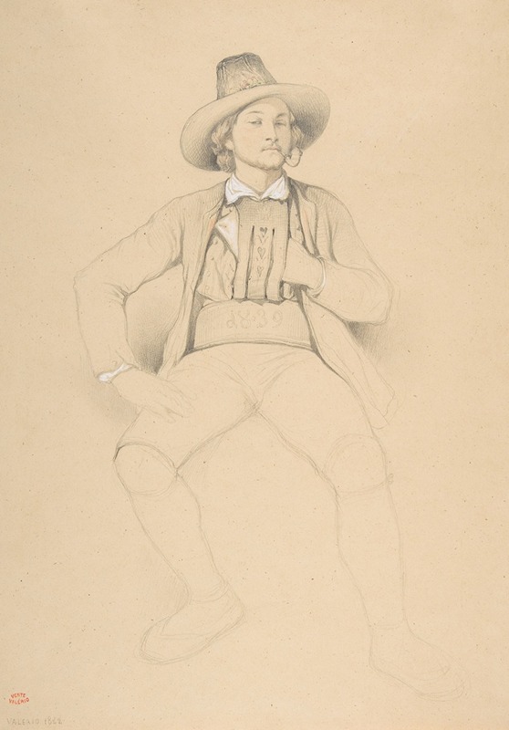 A Man in Tyrolean Costume, Seated, Smoking a Pipe — Théodore Valerio