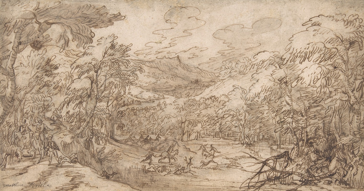 Wooded Landscape with Stag Hunt — Tobias Verhaecht